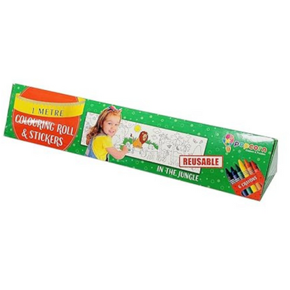 Popcorn Games & Puzzles Kid 1 Metre Reusable Colouring Rolls & Stickers with Crayons Featuring in The Jungle