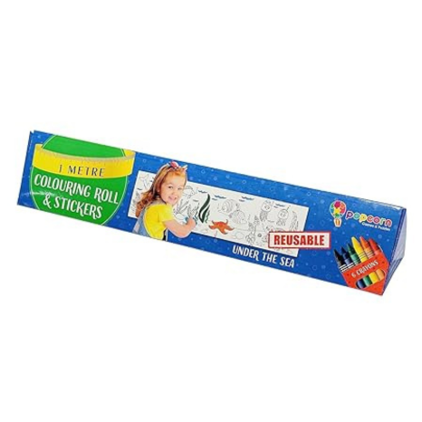 Popcorn Games & Puzzles Kid 1 Metre Reusable Colouring Rolls & Stickers with Crayons Featuring Under The Sea
