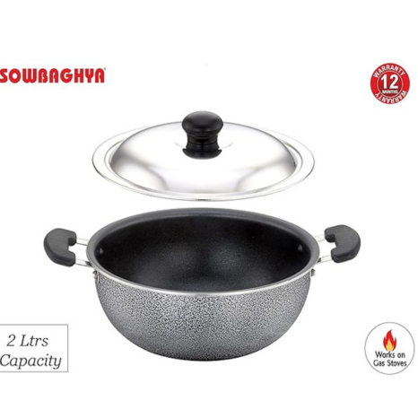 Sowbaghya Aluminium Non Stick Deep Kadai with Stainless Steel Lid (2 LTR, Grey)