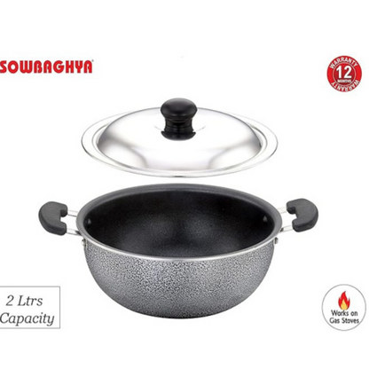Sowbaghya Aluminium Non Stick Deep Kadai with Stainless Steel Lid (2 LTR, Grey)