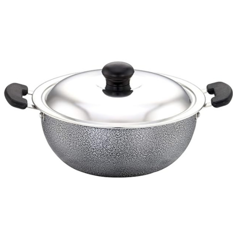 Sowbaghya Aluminium Non Stick Deep Kadai with Stainless Steel Lid (2 LTR, Grey)