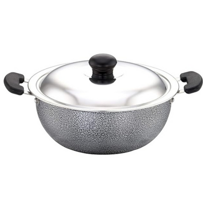 Sowbaghya Aluminium Non Stick Deep Kadai with Stainless Steel Lid (2 LTR, Grey)