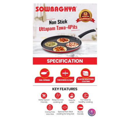 Sowbaghya Non Stick Uttappam Tawa(4Pits) Red 4 Cavities Thickness 3.2 mm Dia 305 mm