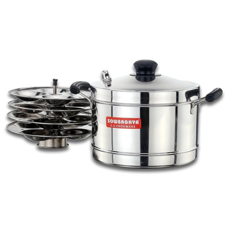 Sowbaghya Induction Base Stainless Steel Idli Maker (Silver 4 Plates) Silver Idly Cooker Pot