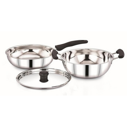 Sowbaghya Elite 3Pcs Stainless Steel Set Induction Base Cookware Set SS Deep kadai and Fry Pan with Lid