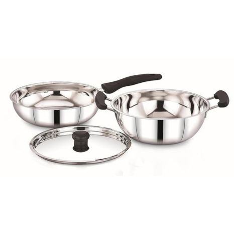 Sowbaghya Elite 3Pcs Stainless Steel Set Induction Base Cookware Set SS Deep kadai and Fry Pan with Lid