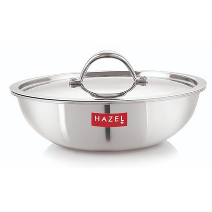 Hazel Triply Stainless Steel Cookware Triply Steel Tasra Kadai with Lid 1.5 litres Heavy Bottom