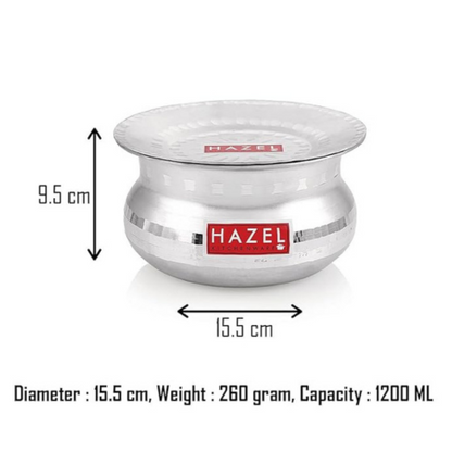 Hazel Aluminium Handi with Lid Machine Hammered Finish Biryani Rice Cooking Pot Gol 15.5 cm 1200 Ml Silver