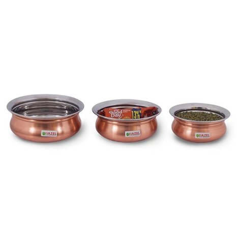 Hazel Stainless Steel Copper Mini Handis Set of 3 (400 ml, 550 ml, 770 ml) Silver & Copper