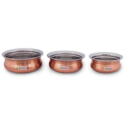 Hazel Stainless Steel Copper Mini Handis Set of 3 (400 ml, 550 ml, 770 ml) Silver & Copper
