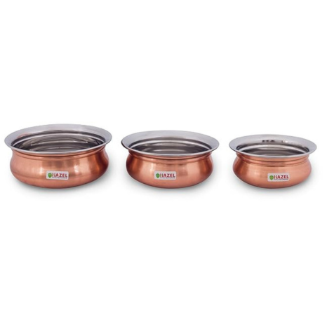 Hazel Stainless Steel Copper Mini Handis Set of 3 (400 ml, 550 ml, 770 ml) Silver & Copper