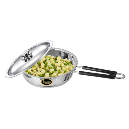 Kanshitas Rasoiware Heavy Geauge Stainless Steel Induction Bottom Fry Pan Tadka Pan with Steel Lid 1.3 Liter