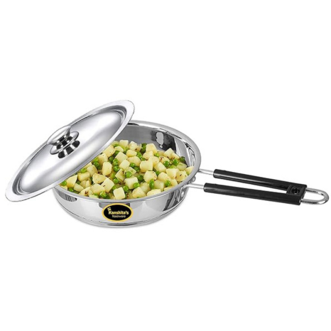 Kanshitas Rasoiware Heavy Geauge Stainless Steel Induction Bottom Fry Pan Tadka Pan with Steel Lid 1 Liter