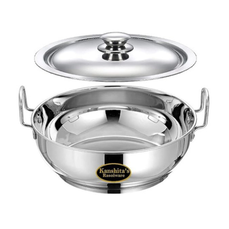 Kanshitas Rasoiware Heavy Gauge Stainless Steel Induction Bottom Gas Stove Friendly Kadhai with Lid 5 Litre
