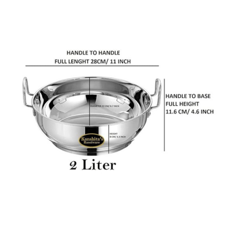 Kanshitas Rasoiware Induction Base Stainless Steel Kadhai with Stainless Steel Lid 2 Litre