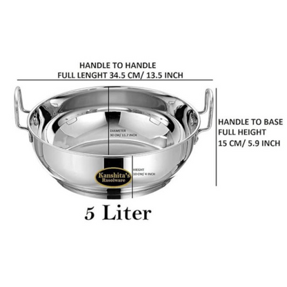 Kanshitas Rasoiware Premium Stainless Steel Induction Base Heavy Gauge Kadhai 5 L Silver