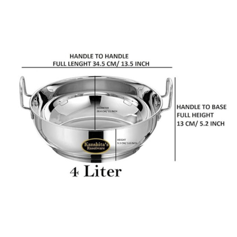 Kanshitas Rasoiware Stainless Steel Heavy Gauge Induction Bottom Kadhai 28.4 cm 4 Liter