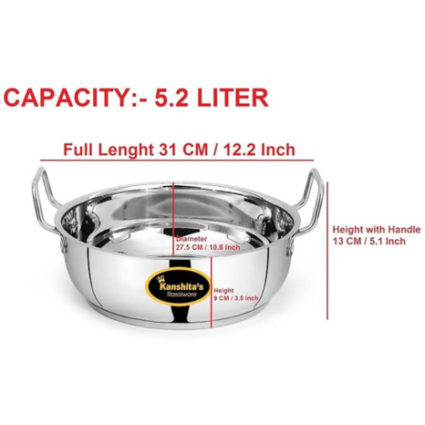 Kanshitas Heavy Gauge Stainless Steel Induction Bottom Kadai with Lid 5.2 Liter Capacity