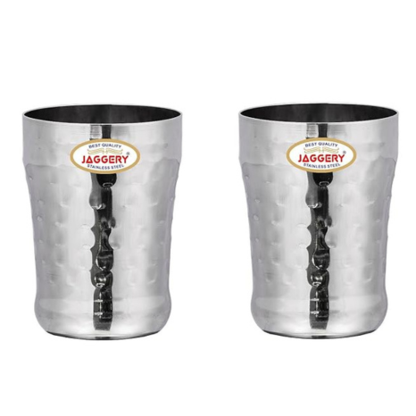Jaggery Stainless Steel Drinking Serving Water Milk Juice Glass Glasses Set 350 ml Hammered eco Pack of 2