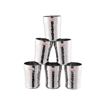 Jaggery Stainless Steel Drinking Serving Water Milk Juice Glass Glasses Set350 ml Hammered-eco Pack of 6