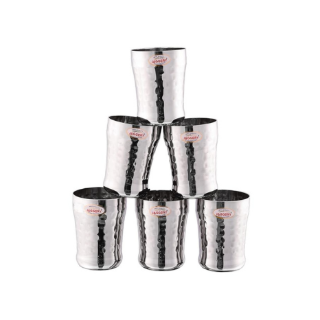 Jaggery Stainless Steel Drinking Serving Water Milk Juice Glass Glasses Set350 ml Hammered-eco Pack of 6