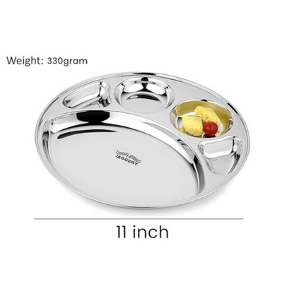 Jaggery Stainless Steel 5 in 1 Round Compartment Tray Deep katori Divided Dinner Plate 11 Inch Set of 2