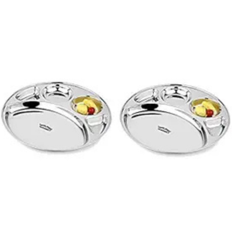 Jaggery Stainless Steel 5 in 1 Round Compartment Tray Deep katori Divided Dinner Plate 11 Inch Set of 2