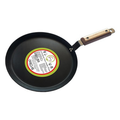 Amicus Kitchen Premium Iron Tawa For Dosa Roti Chapati Flat Iron Tava With Wooden Handle 10 Inch 1.2 Kg Black