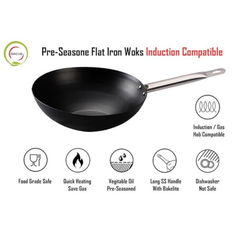 Amicus Kitchen Iron Wok for Cooking & Deep Frying Pre Seasoned Iron Kadai Wok Fry Pan 25 cm 2 L Black