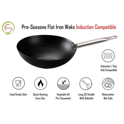Amicus Kitchen Iron Wok for Cooking & Deep Frying Pre Seasoned Iron Kadai Wok Fry Pan 25 cm 2 L Black