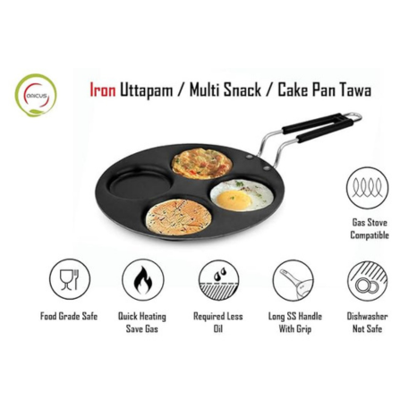 Amicus Iron Uttapam Pan Multi Tawa 27 cm 4 Cavity Mini Crepe Pan for Snack Tawa 1.1 Kg Black