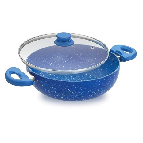 Crystal Marbo Plus Induction Bottom Nonstick Kadai Glass Lid Thickness Blue