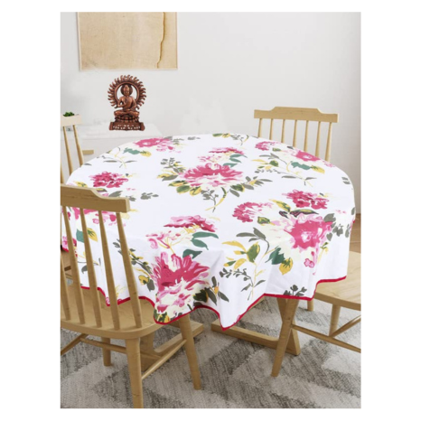 Texstylers Pink White Cotton Floral Round 4 Seater 48 Inches Diameter Center Coffee Table Cloth