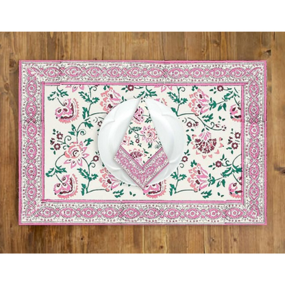 Blocks Of India Hand Block Printed Cotton Table Runner Mat And Napkin Pink Jaal Large