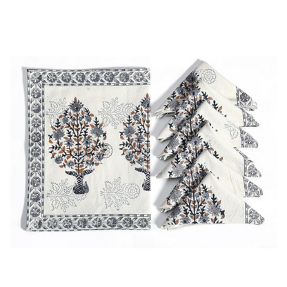 Blocks Of India Hand Block Printed Cotton Table Runner Mat and Napkin Set for Center Grey Buta