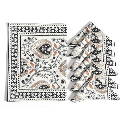 Blocks Of India Hand Block Printed Cotton Table Runner Mat And Napkin Brown Jaal Large