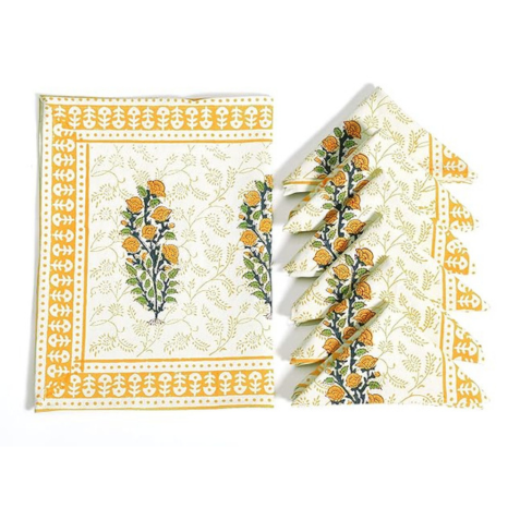 Blocks Of India Hand Block Printed Cotton Table Runner Mat And Napkin Yellow Buta Large