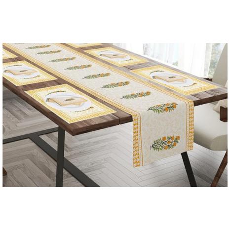Blocks Of India Hand Block Printed Cotton Table Runner Mat And Napkin Yellow Buta Large