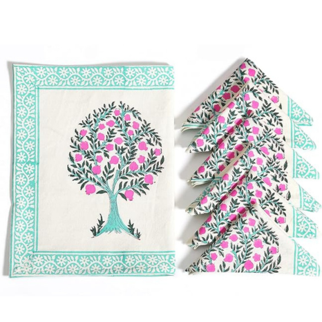 Blocks Of India Hand Block Printed Cotton Table Runner Mat and Napkin Anar Ka Ped