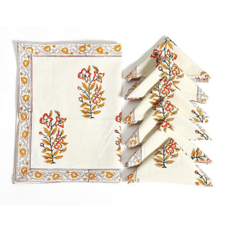 Blocks Of India Hand Block Printed Cotton Table Runner Mat and Napkin Orange Buta