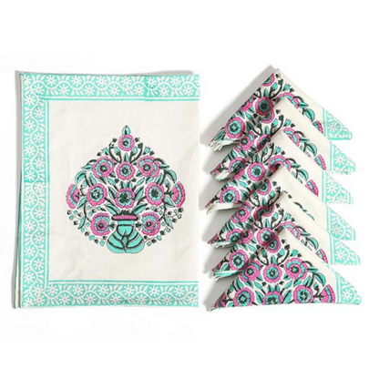 Blocks Of India Cotton Hand Block Printed Table Runner for Center Dining Table Runner Napkin Set 8