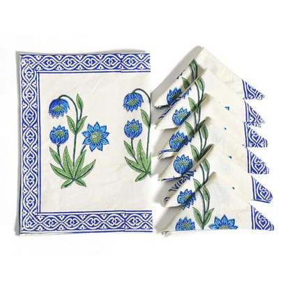 Blocks Of India Hand Block Printed Cotton Table Runner Mat and Napkin Blue Buta