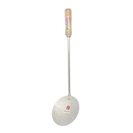 Hazel Steel Frying Jhara with Wooden Handle (46 cm) Silver