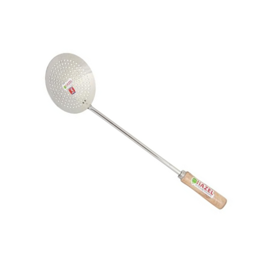 Hazel Steel Frying Jhara with Wooden Handle (46 cm) Silver