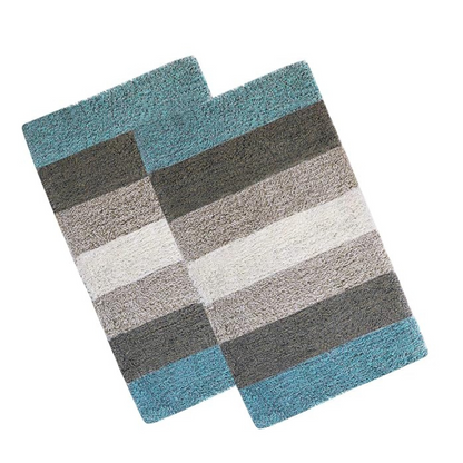 The Home Talk Cotton Stripes Bathmats Water Absorbent Runners Floor Mats Non-Slip Pack of 2  Beige Turquoise