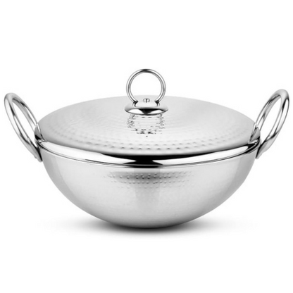 Prabha Stainless Steel Heavy Gauge Hammered Finish Kadhai Kadai with Lid Capacity 1.3 L, Size 200 mm