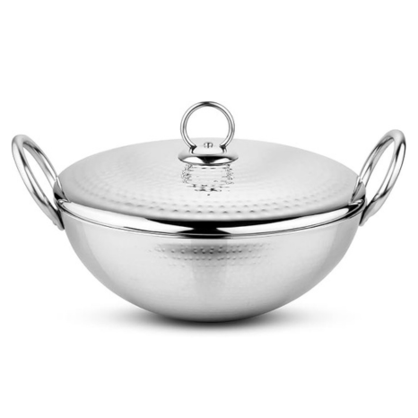 Prabha Stainless Steel 2.1 Litre Deep Pro Light Weight Hammered Kadhai with Lid, 24 cm 1387 gms