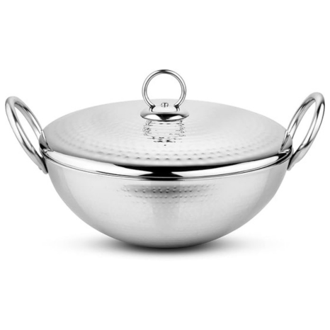 Prabha Stainless Steel Heavy Gauge Hammered Finish Kadhai with Lid, 1.0 L Size 170 mm