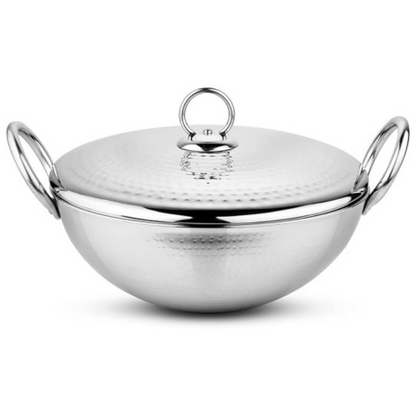 Prabha Stainless Steel Heavy Gauge Hammered Finish Kadhai with Lid, 1.0 L Size 170 mm