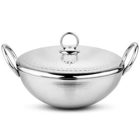 Prabha Stainless Steel 5.8 Litre Deep Pro Light Weight Hammered Kadhai with Lid 32 cm, 2132 gms